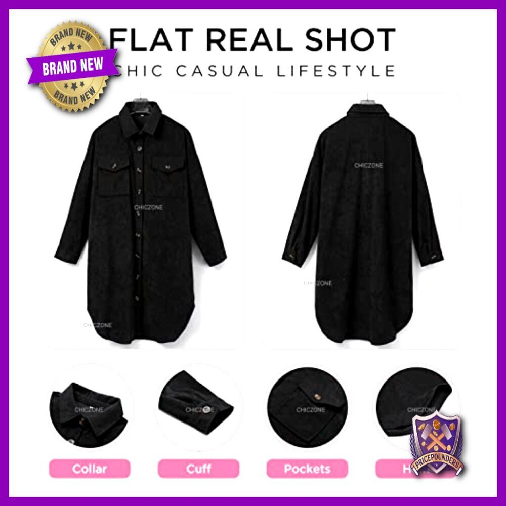 Oversized Corduroy Shacket Plaid Long Trench Coat Button Down Casual Chic - Picture 5 of 7
